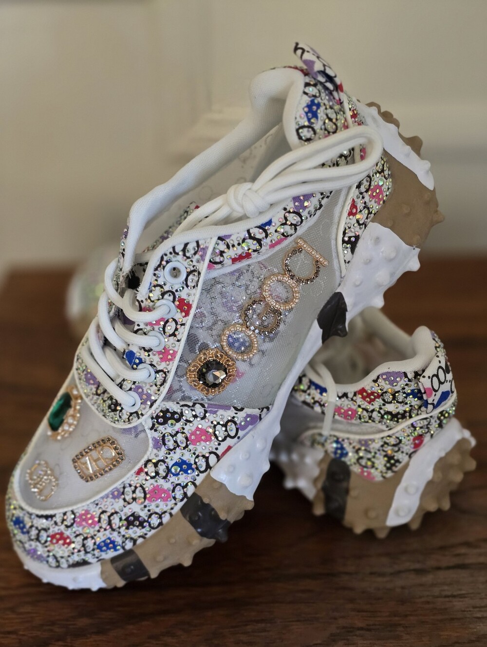 Rhinestone Sparkling White Mesh Sneakers w Multicolor Jewel Accents Size 10.5 US